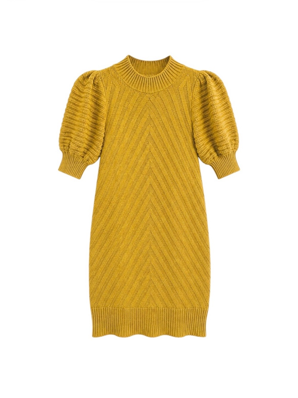Happy X Nature Mustard Yellow Chevron Knit Puff Sleeve Sweater Dress XS Mock